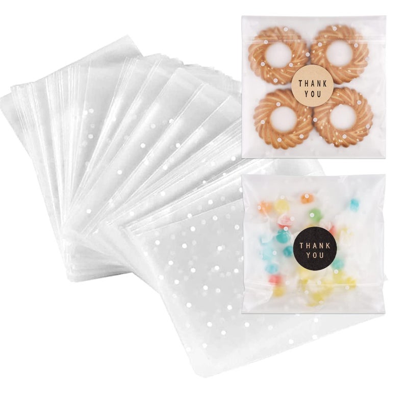 YunKo 200 Pack Self Sealing Clear Cookie Bags with Polka Dots & Thank You Stickers â€“ 5.5x5.5 Inch Resealable Treat Bags for Cookies, Candy, Chocolate, Bakery Goods, Party Favors - Image 1